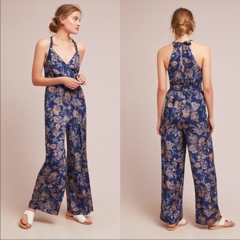 NWT - Anthropologie Blue Floral Paisley Jumpsuit - Size L